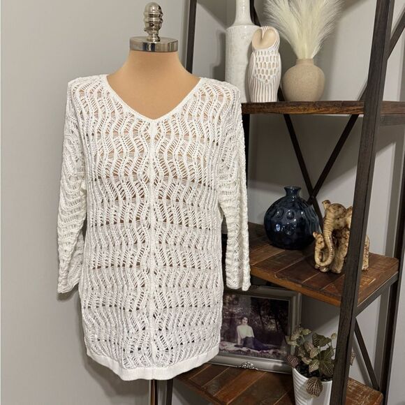 J McLaughlin Sweater Womens Medium White Crochet Knit Boho 100% Cotton - Picture 1 of 8